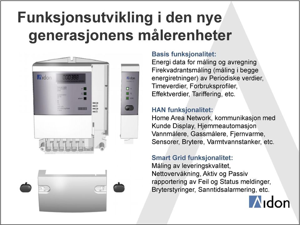 HAN funksjonalitet: Home Area Network, kommunikasjon med Kunde Display, Hjemmeautomasjon Vannmålere, Gassmålere, Fjernvarme, Sensorer, Brytere,