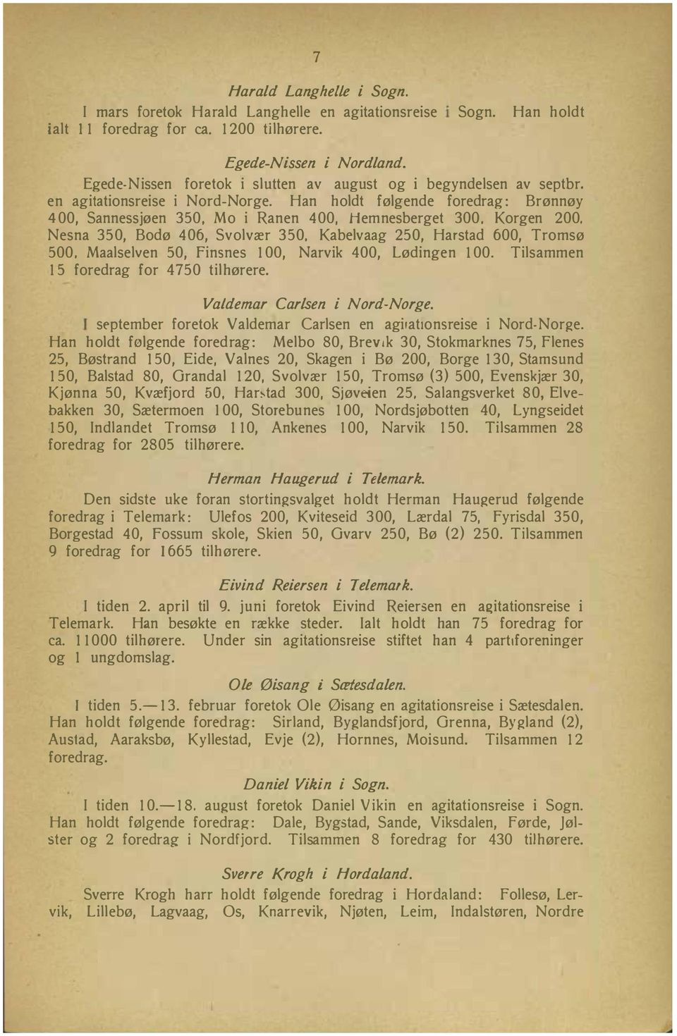 Korgen 200. Nesna 350, Bodø 406, Svolvær 350, Kabelvaag 250, Harstad 600, Tromsø 500, Maalselven 50, finsnes 100, Narvik 400, Lødingen I 00. Tilsammen 15 foredrag for 4 750 tilhørere.