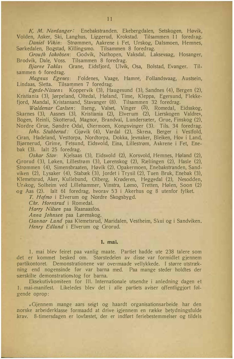 Oroafh fakobsen: Godvik, Nathopen, Vaksdal, Laksevaag, Hosanger, Brodvik, Dale, Voss. Tilsammen 8 foredrag. Bjarne Takla: Grane, Eidsfjord, Ulvik, Osa, Bolstad, Evanger. Tilsammen 6 foredrag.