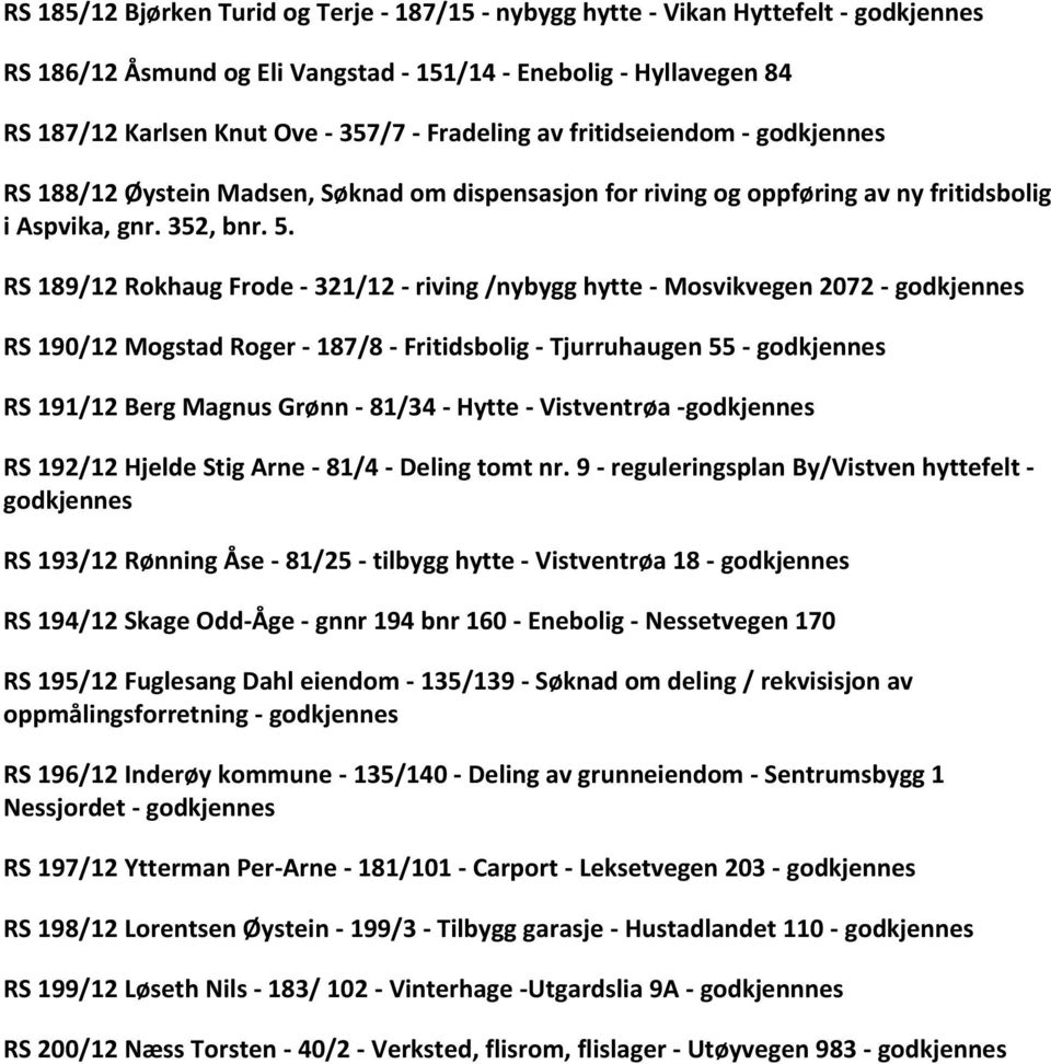 RS 189/12 Rokhaug Frode - 321/12 - riving /nybygg hytte - Mosvikvegen 2072 - godkjennes RS 190/12 Mogstad Roger - 187/8 - Fritidsbolig - Tjurruhaugen 55 - godkjennes RS 191/12 Berg Magnus Grønn -