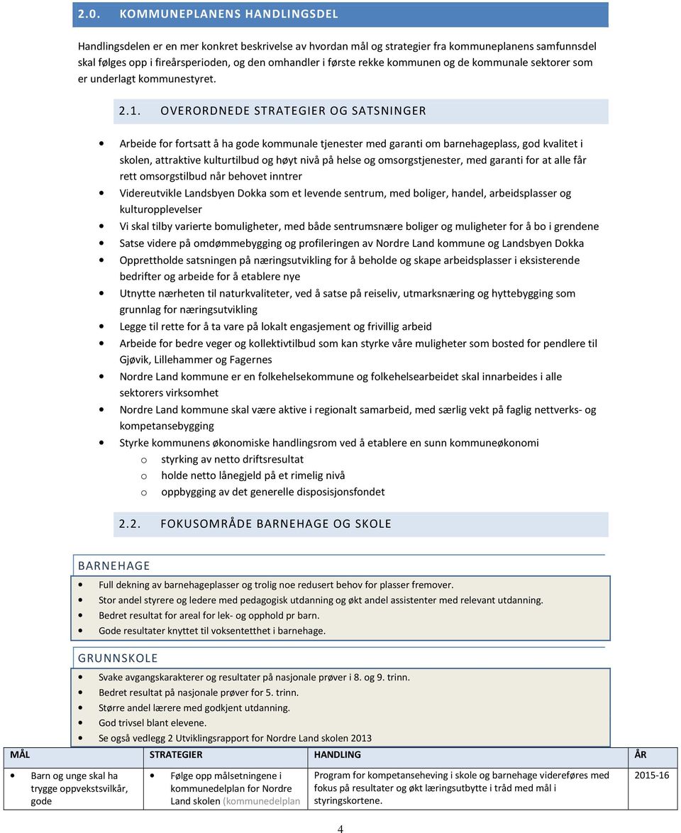 OVERORDNEDE STRATEGIER OG SATSNINGER Arbeide for fortsatt å ha gode kommunale tjenester med garanti om barnehageplass, god kvalitet i skolen, attraktive kulturtilbud og høyt nivå på helse og
