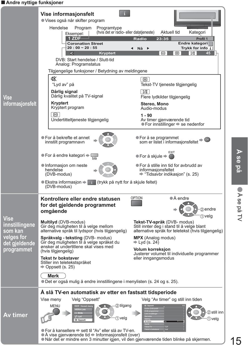 informasjonsfelt Vise innstillingene som kan es for det gjeldende programmet Av timer Lyd av på Dårlig signal Dårlig kvalitet på TV-signal Kryptert Kryptert program Undertitteltjeneste tilgjengelig