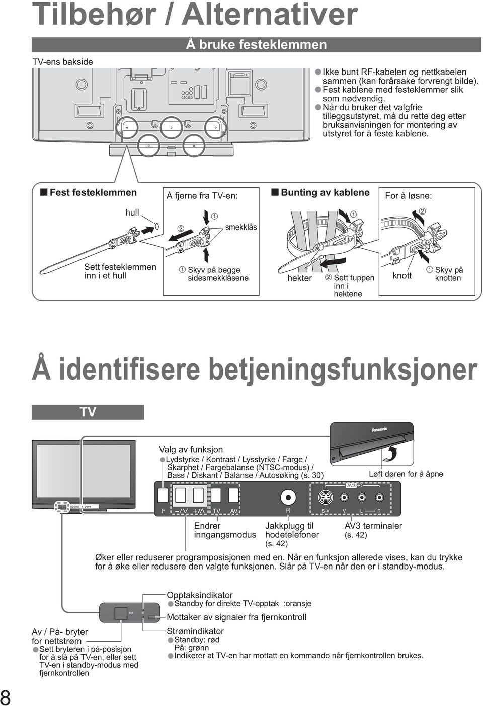 Fest festeklemmen Å fjerne fra TV-en: Bunting av kablene For å løsne: hull smekklås Sett festeklemmen inn i et hull Skyv på begge sidesmekklåsene hekter Sett tuppen inn i hektene knott Skyv på