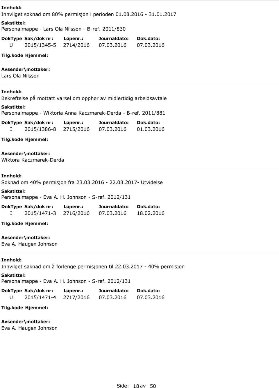 2011/881 2015/1386-8 2715/2016 01.03.2016 Wiktora Kaczmarek-Derda Søknad om 40% permisjon fra 23.03.2016-22.03.2017- tvidelse Personalmappe - Eva A. H. Johnson - S-ref.