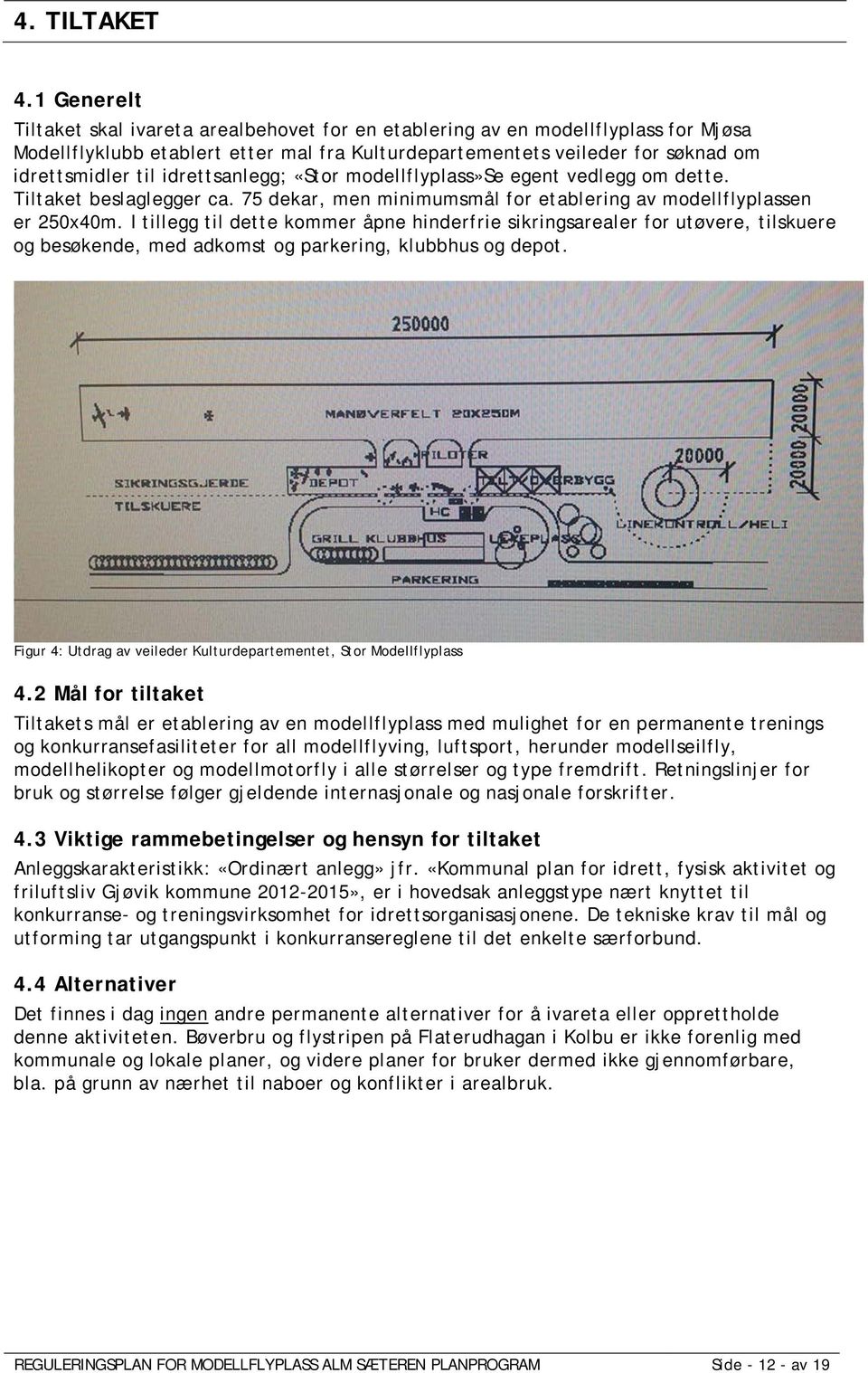 idrettsanlegg; «Stor modellflyplass»se egent vedlegg om dette. Tiltaket beslaglegger ca. 75 dekar, men minimumsmål for etablering av modellflyplassen er 250x40m.