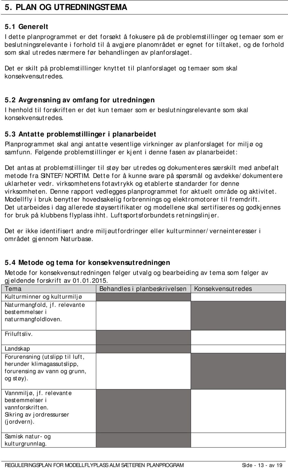 skal utredes nærmere før behandlingen av planforslaget. Det er skilt på problemstillinger knyttet til planforslaget og temaer som skal konsekvensutredes. 5.