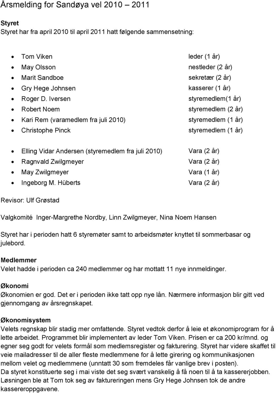 Iversen styremedlem(1 år) Robert Noem styremedlem (2 år) Kari Rem (varamedlem fra juli 2010) styremedlem (1 år) Christophe Pinck styremedlem (1 år) Elling Vidar Andersen (styremedlem fra juli 2010)