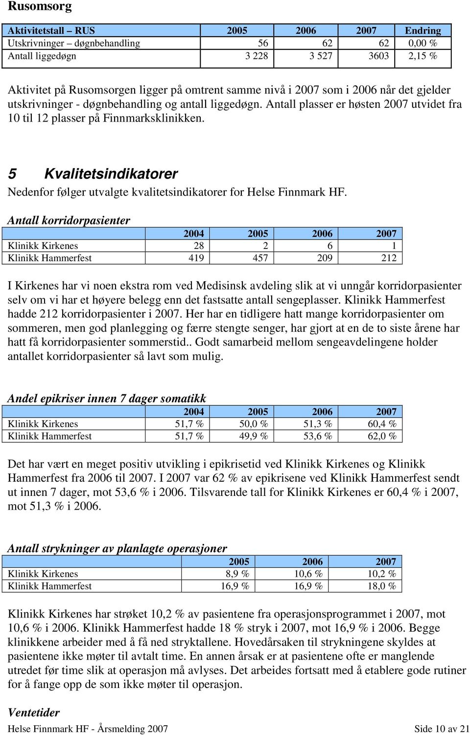 5 Kvalitetsindikatorer Nedenfor følger utvalgte kvalitetsindikatorer for Helse Finnmark HF.