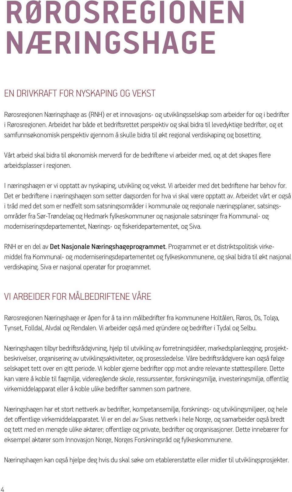 Vårt arbeid skal bidra til økonomisk merverdi for de bedriftene vi arbeider med, og at det skapes flere arbeidsplasser i regionen. I næringshagen er vi opptatt av nyskaping, utvikling og vekst.