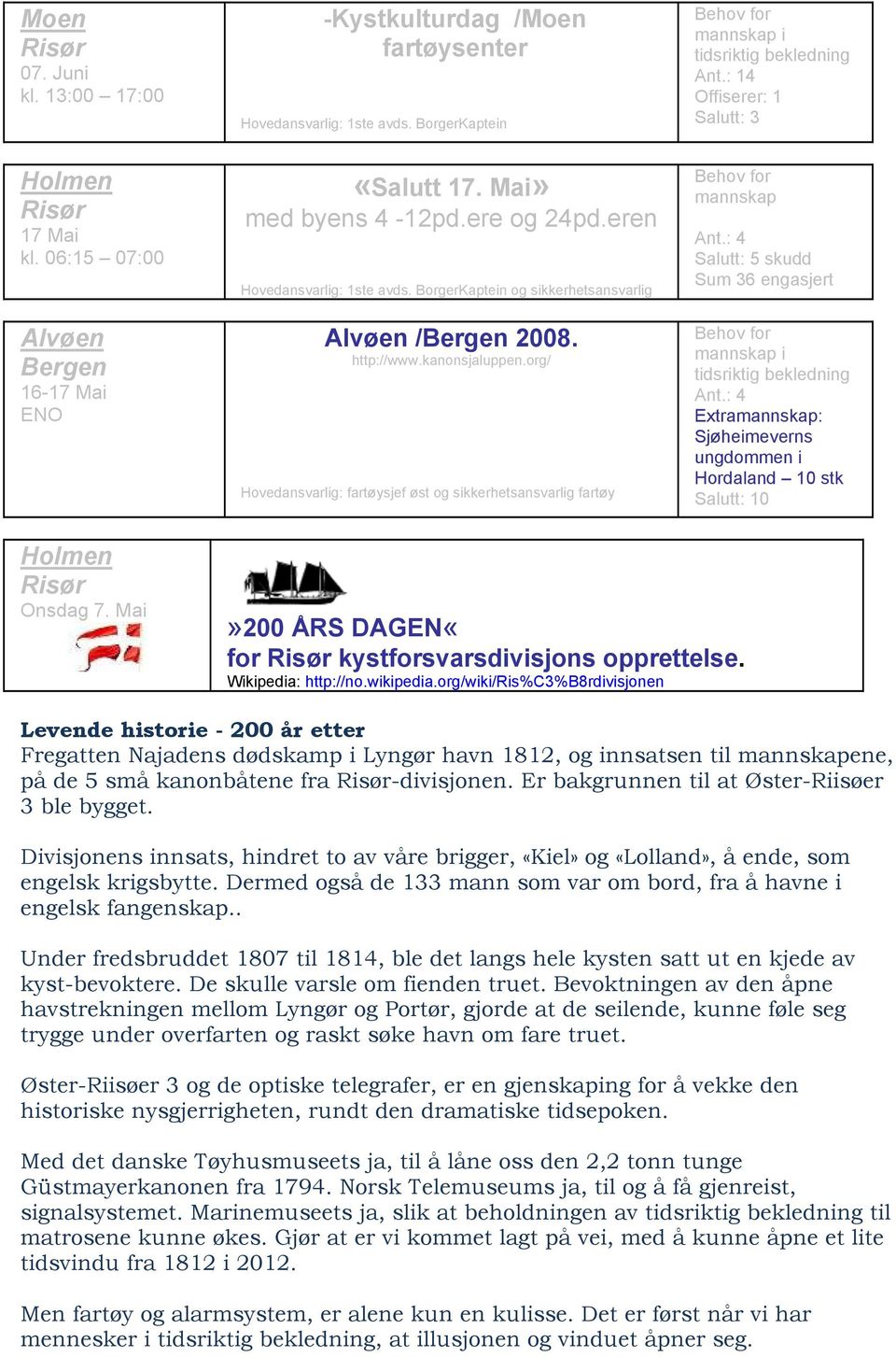 : 14 Offiserer: 1 Salutt: 3 mannskap Ant.: 4 Salutt: 5 skudd Sum 36 engasjert Ant.: 4 Sjøheimeverns ungdommen i Hordaland 10 stk 0 Holmen Onsdag 7.