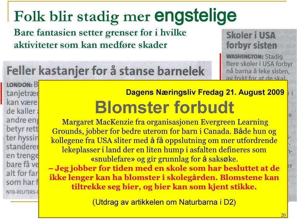 Både hun og kollegene fra USA sliter med å få oppslutning om mer utfordrende lekeplasser i land der en liten hump i asfalten defineres som «snublefare» og gir grunnlag for å