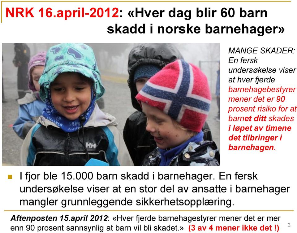 mener det er 90 prosent risiko for at barnet ditt skades i løpet av timene det tilbringer i barnehagen. I fjor ble 15.