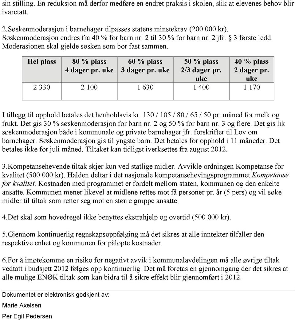 uke 60 % plass 3 dager pr. uke 50 % plass 2/3 dager pr. uke 40 % plass 2 dager pr. uke 2 330 2 100 1 630 1 400 1 170 I tillegg til opphold betales det henholdsvis kr. 130 / 105 / 80 / 65 / 50 pr.