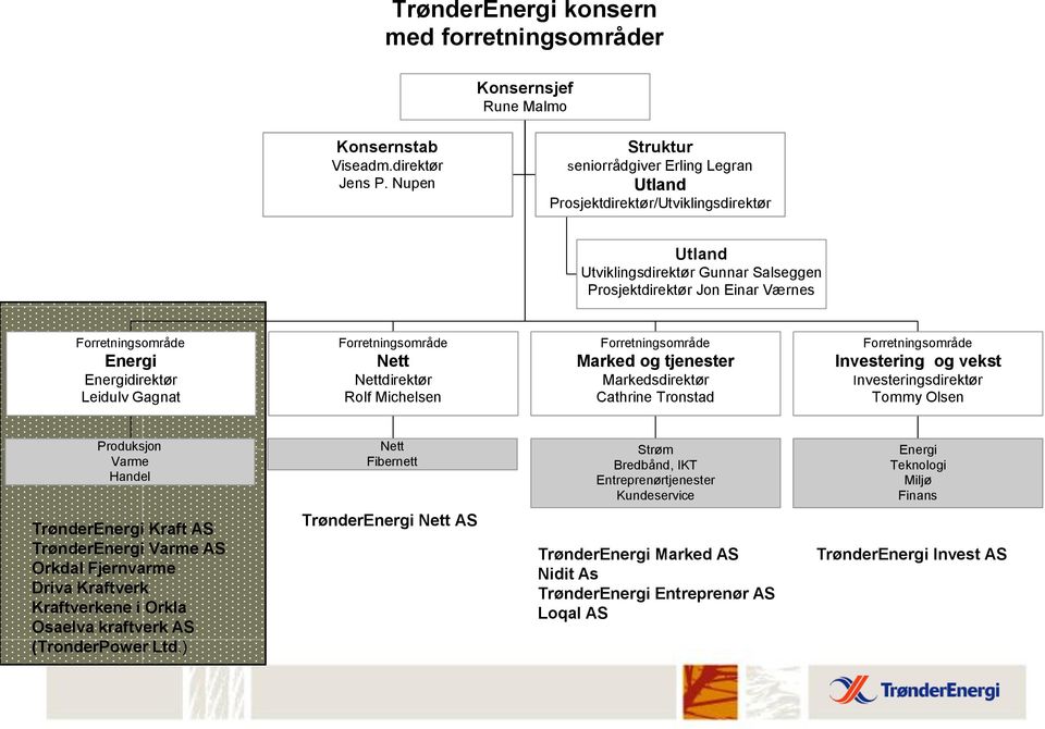 Energidirektør Leidulv Gagnat Forretningsområde Nett Nettdirektør Rolf Michelsen Forretningsområde Marked og tjenester Markedsdirektør Cathrine Tronstad Forretningsområde Investering og vekst