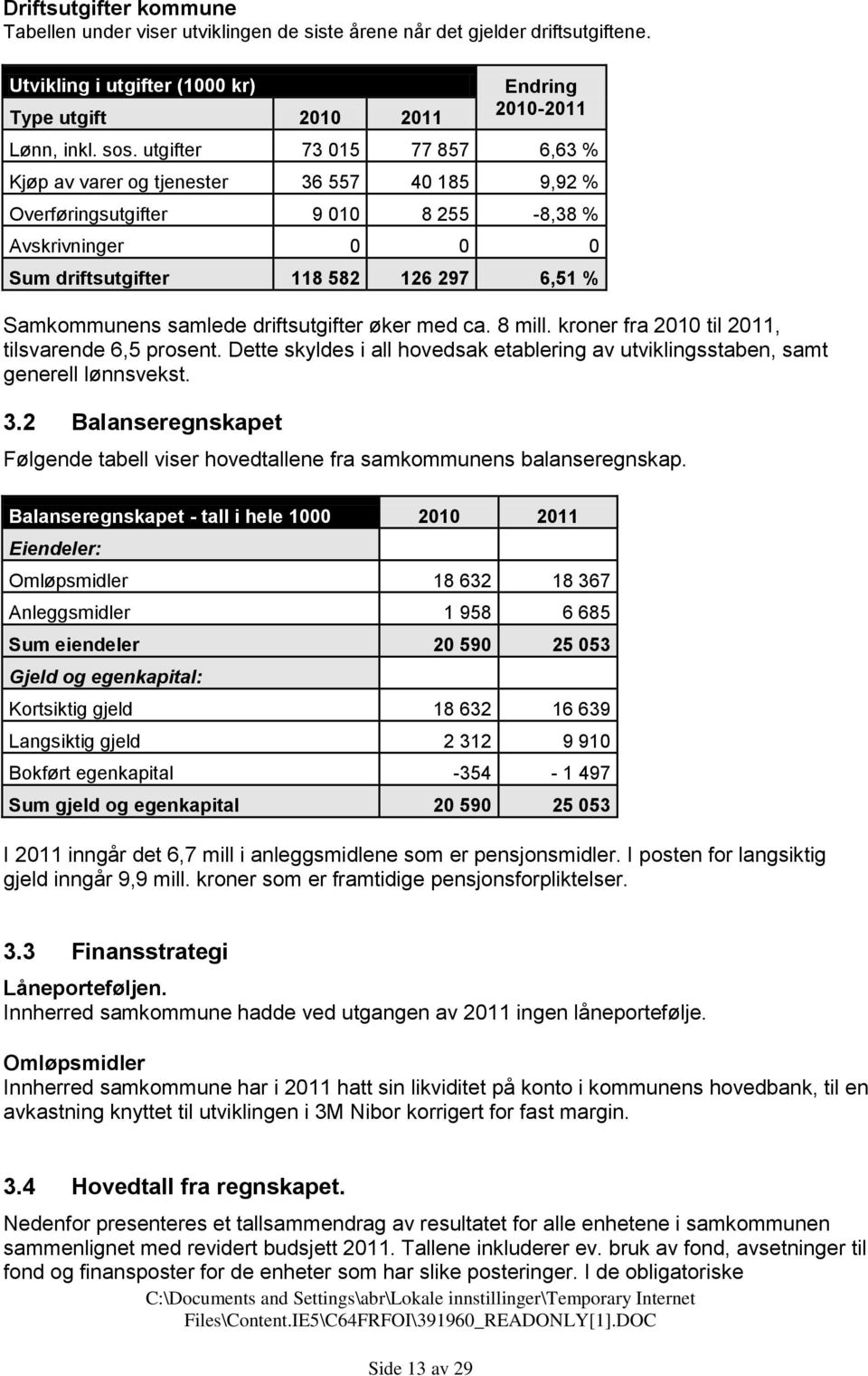 driftsutgifter øker med ca. 8 mill. kroner fra til 2011, tilsvarende 6,5 prosent. Dette skyldes i all hovedsak etablering av utviklingsstaben, samt generell lønnsvekst. 3.