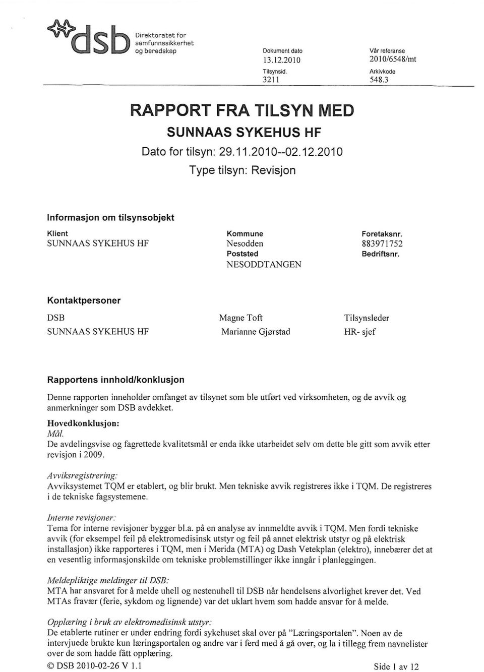 NESODDTANGEN Kontaktpersoner DSB SUNNAAS SYKEHUS HF Magne Toft Tilsynsleder Marianne Gjørstad HR- sjef Rapportens innhold/konklusjon Denne rapporten inneholder omfanget av tilsynet som ble utfort ved