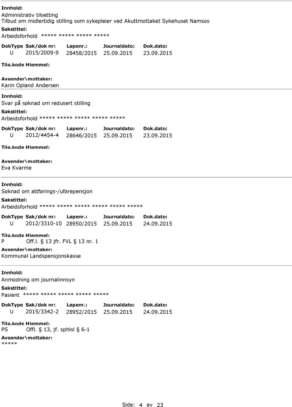 stilling 2012/4454-4 28646/2015 Eva Kvarme Søknad om attførings-/uførepensjon ***** P 2012/3310-10 28950/2015