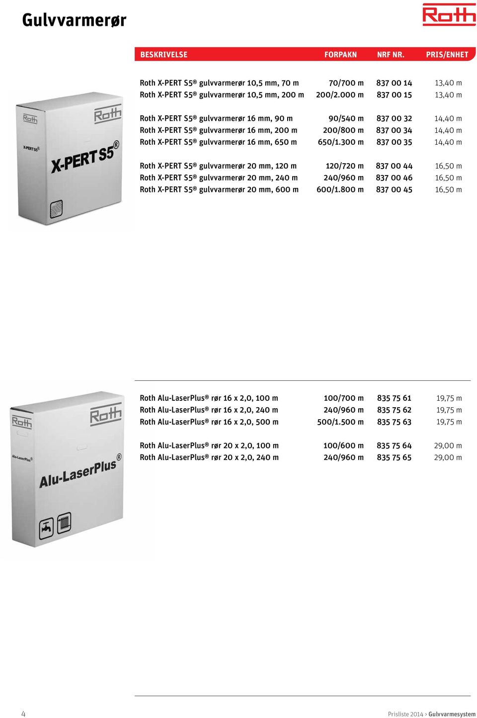 300 m 837 00 32 837 00 34 837 00 35 14,40 m 14,40 m 14,40 m Roth X-PERT S5 gulvvarmerør 20 mm, 120 m Roth X-PERT S5 gulvvarmerør 20 mm, 240 m Roth X-PERT S5 gulvvarmerør 20 mm, 600 m 120/720 m