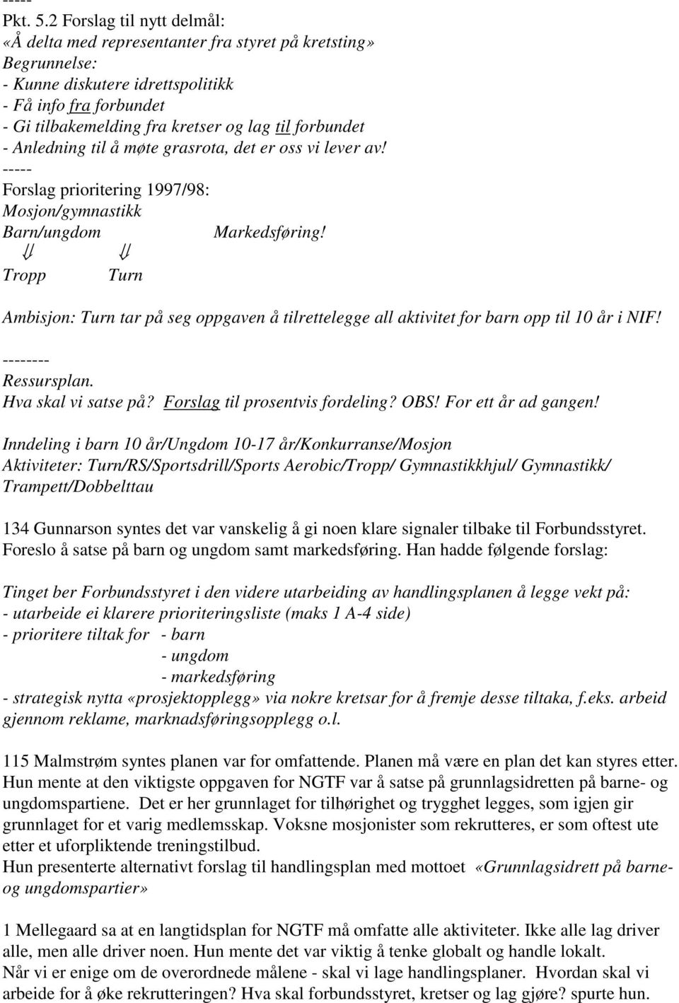 forbundet - Anledning til å møte grasrota, det er oss vi lever av! ----- Forslag prioritering 1997/98: Mosjon/gymnastikk Barn/ungdom Markedsføring!