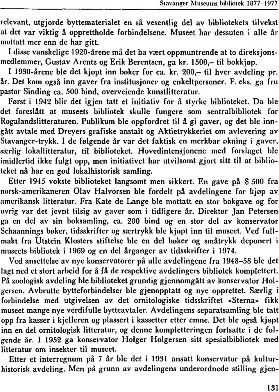 år. Det kom også inn gaver fra institusjoner og enkeltpersoner. F. eks. ga fru pastor Sinding ca. 500 bind, overveiende kunstlitteratur.