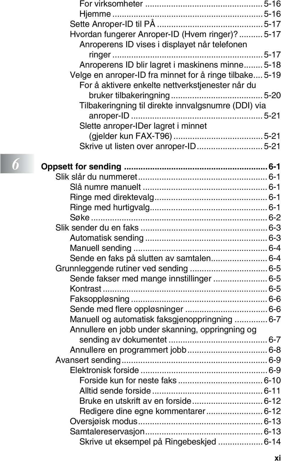 .. 5-20 Tilbakeringning til direkte innvalgsnumre (DDI) via anroper-id... 5-21 Slette anroper-ider lagret i minnet (gjelder kun FAX-T96)...5-21 Skrive ut listen over anroper-id.