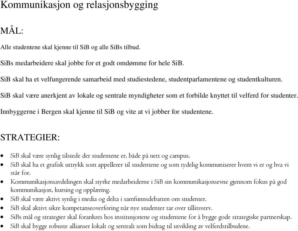 SiB skal være anerkjent av lokale og sentrale myndigheter som et forbilde knyttet til velferd for studenter. Innbyggerne i Bergen skal kjenne til SiB og vite at vi jobber for studentene.