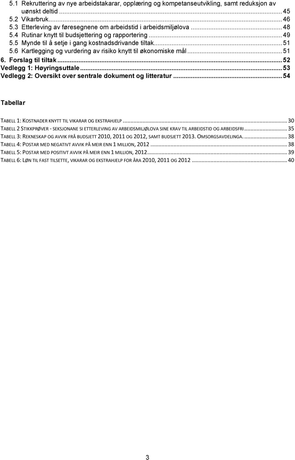 Forslag til tiltak... 52 Vedlegg 1: Høyringsuttale... 53 Vedlegg 2: Oversikt over sentrale dokument og litteratur... 54 Tabellar TABELL 1: KOSTNADER KNYTT TIL VIKARAR OG EKSTRAHJELP.