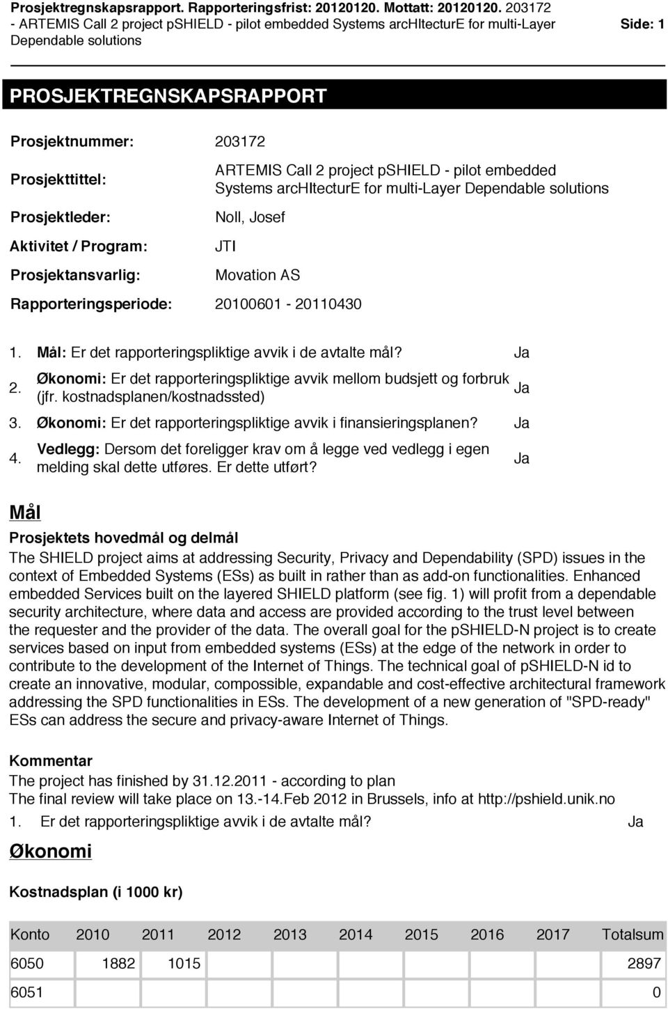 Aktivitet / Program: Prosjektansvarlig: ARTEMIS Call 2 project pshield - pilot embedded Systems architecture for multi-layer Dependable solutions Noll, Josef JTI Movation AS Rapporteringsperiode: