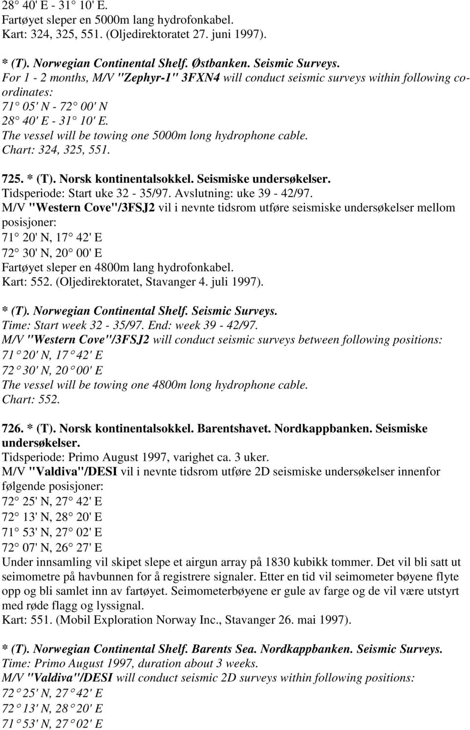 Chart: 324, 325, 551. 725. * (T). Norsk kontinentalsokkel. Seismiske undersøkelser. Tidsperiode: Start uke 32-35/97. Avslutning: uke 39-42/97.