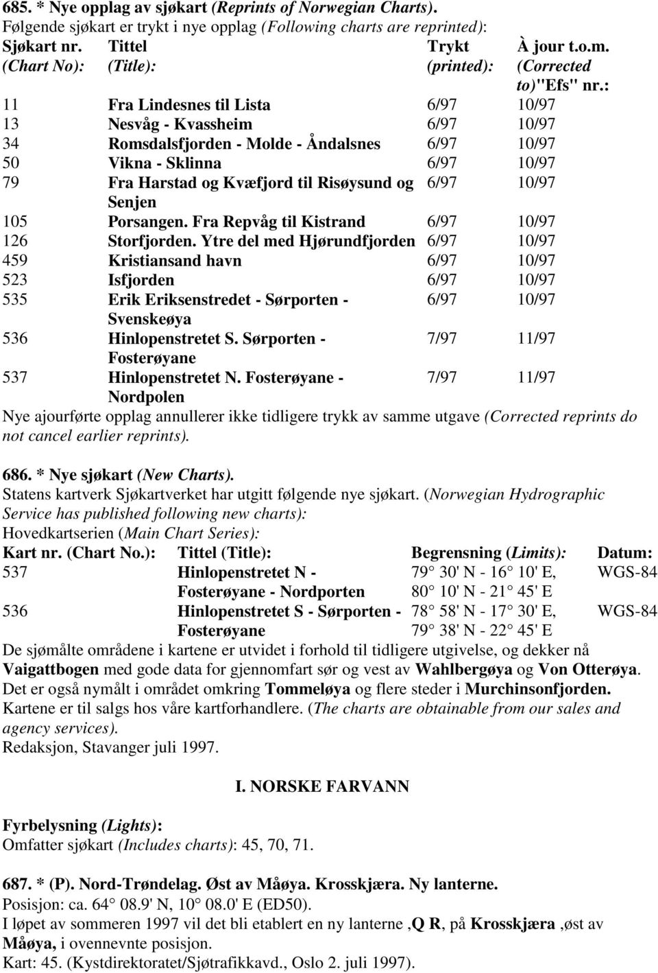 Fra Harstad og Kvæfjord til Risøysund og 6/97 10/97 Senjen 105 Porsangen. Fra Repvåg til Kistrand 6/97 10/97 126 Storfjorden.