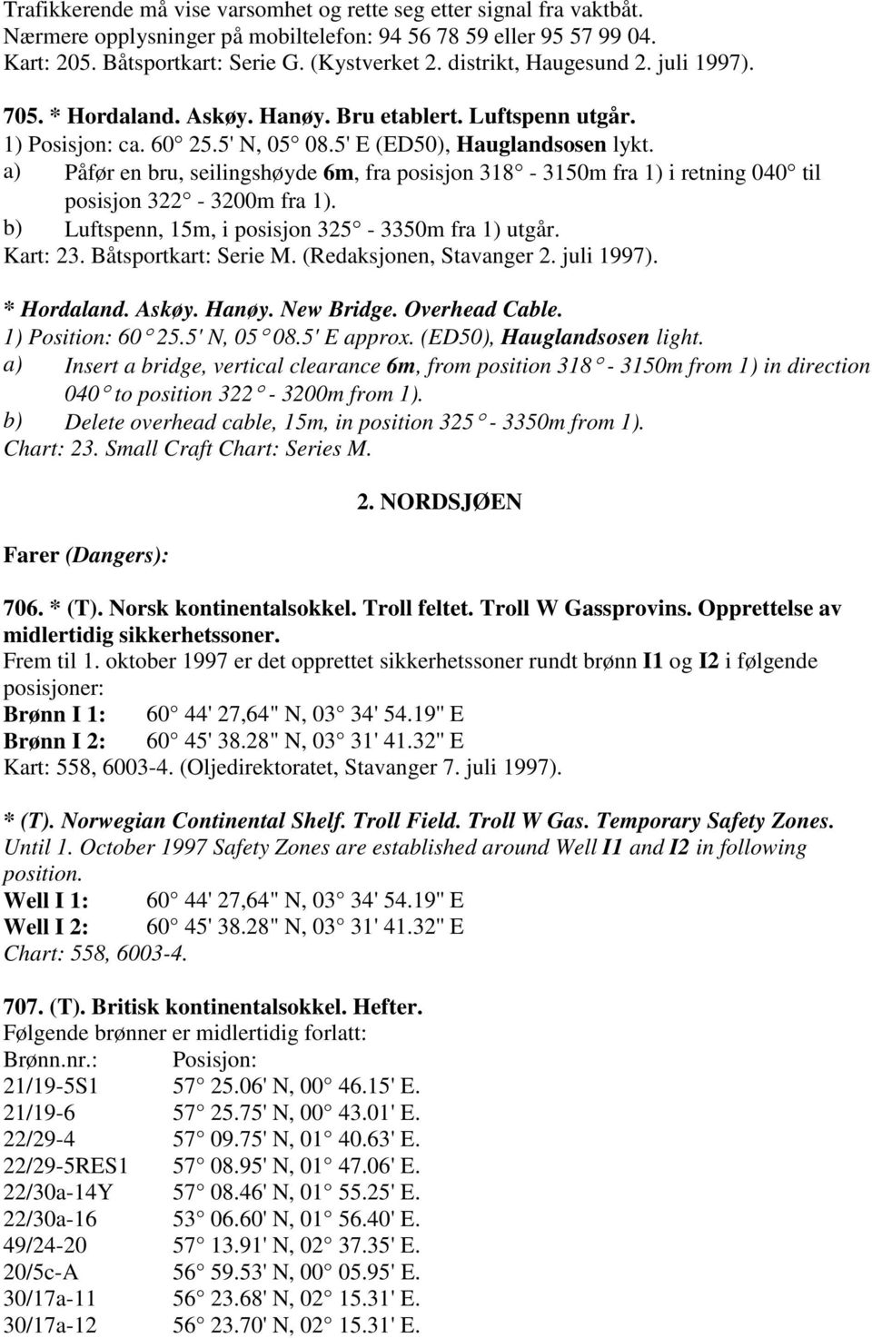 a) Påfør en bru, seilingshøyde 6m, fra posisjon 318-3150m fra 1) i retning 040 til posisjon 322-3200m fra 1). b) Luftspenn, 15m, i posisjon 325-3350m fra 1) utgår. Kart: 23. Båtsportkart: Serie M.