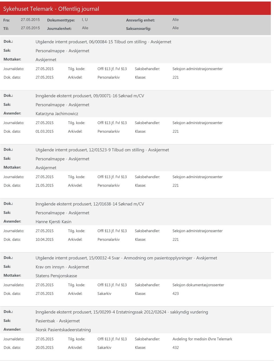 2015 Arkivdel: Personalarkiv 221 tgående internt produsert, 12/01523-9 Tilbud om stilling - Personalmappe - Dok. dato: 21.05.