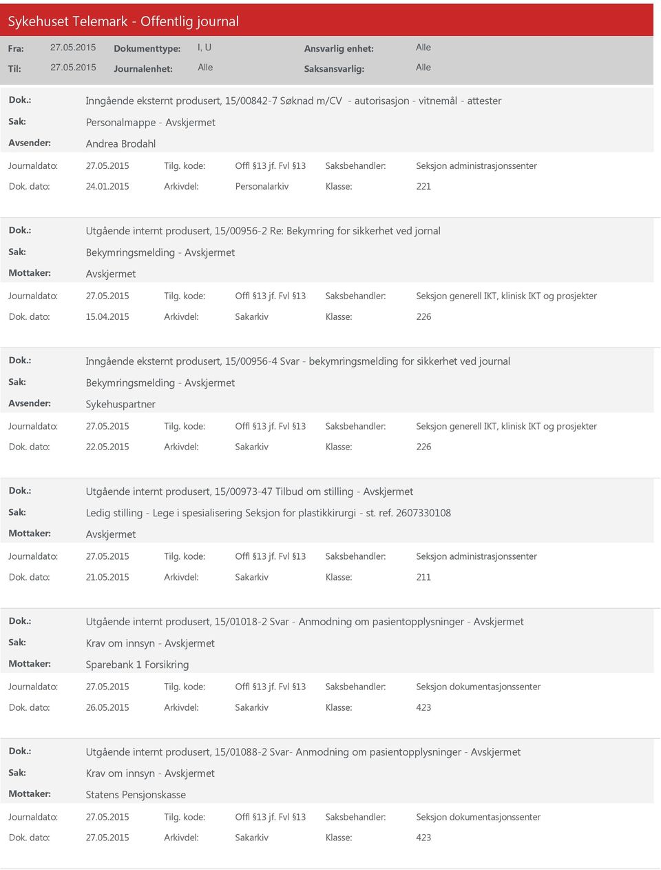 2015 Arkivdel: Sakarkiv 226 Inngående eksternt produsert, 15/00956-4 Svar - bekymringsmelding for sikkerhet ved journal Bekymringsmelding - Sykehuspartner Seksjon generell IKT, klinisk IKT og