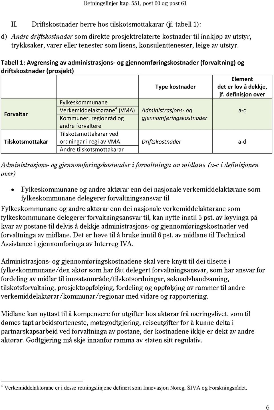 Tabell 1: Avgrensing av administrasjons- og gjennomføringskostnader (forvaltning) og driftskostnader (prosjekt) Element Type kostnader det er lov å dekkje, jf.