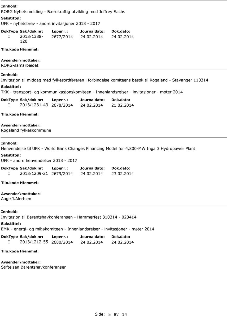 invitasjoner - møter 2014 2013/1231-43 2678/2014 Rogaland fylkeskommune Henvendelse til FK - World Bank Changes Financing Model for 4,800-MW nga 3 Hydropower Plant FK - andre henvendelser 2013-2017
