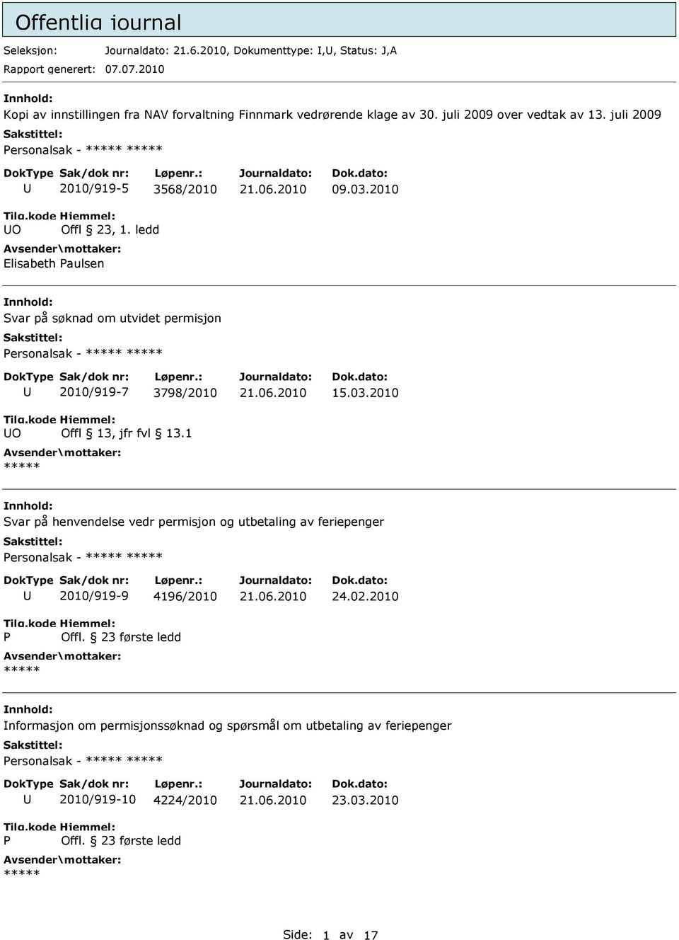 2010 nnhold: Svar på søknad om utvidet permisjon Personalsak - U UO 2010/919-7 3798/2010 Offl 13, jfr fvl 13.1 15.03.