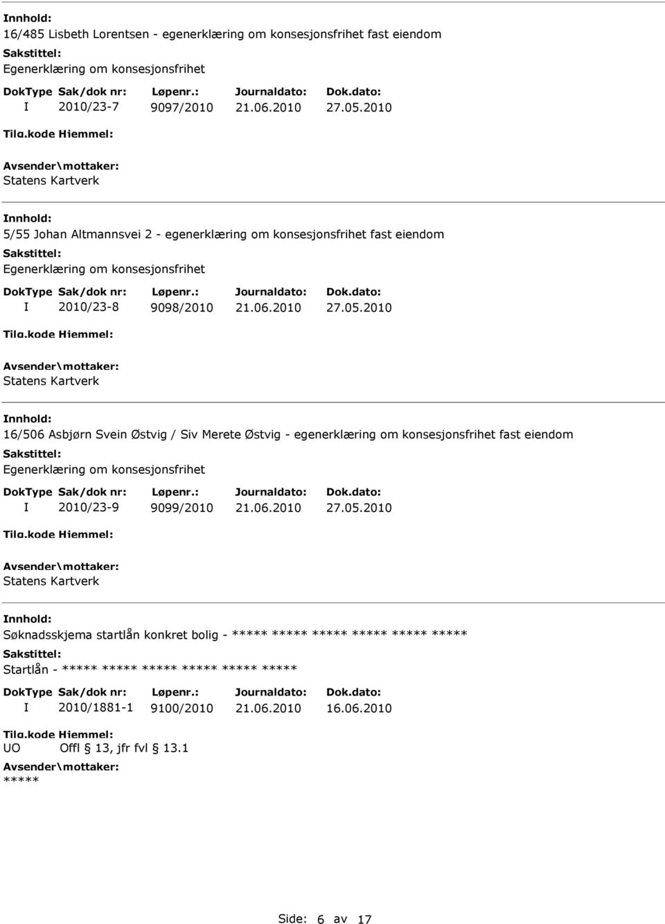 2010 nnhold: 16/506 Asbjørn Svein Østvig / Siv Merete Østvig - egenerklæring om konsesjonsfrihet fast eiendom 2010/23-9