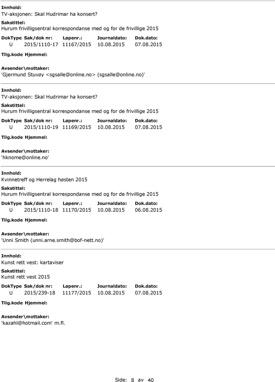 Hurum frivilligsentral korrespondanse med og for de frivillige 2015 2015/1110-19 11169/2015 07.08.2015 'hknome@online.