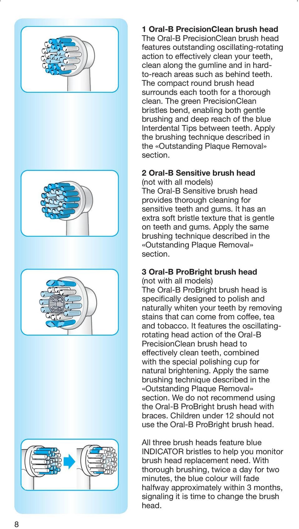 The green PrecisionClean bristles bend, enabling both gentle brushing and deep reach of the blue Interdental Tips between teeth.