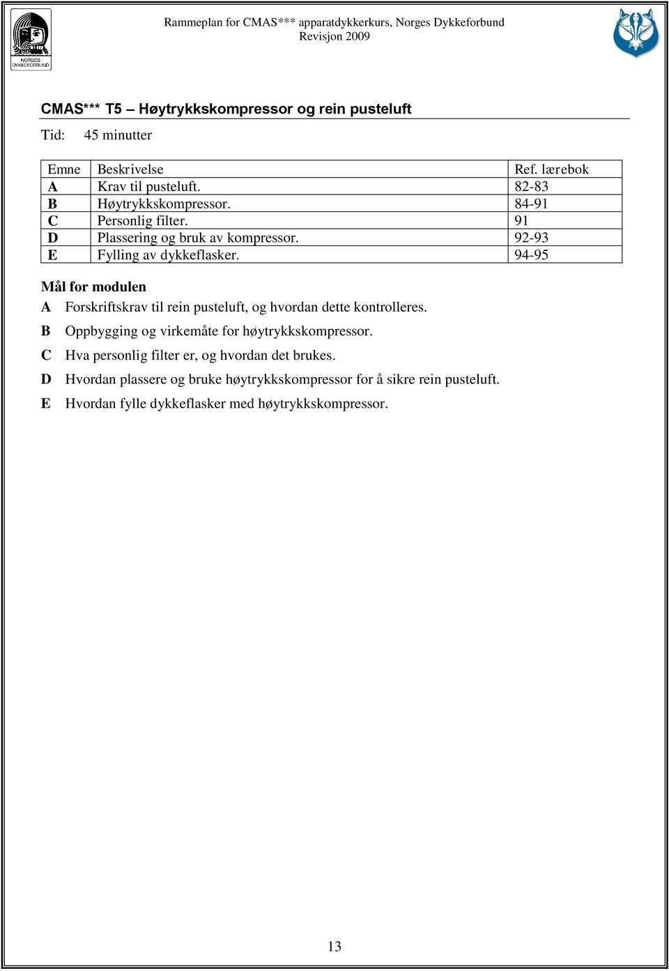 94-95 A Forskriftskrav til rein pusteluft, og hvordan dette kontrolleres. B Oppbygging og virkemåte for høytrykkskompressor.