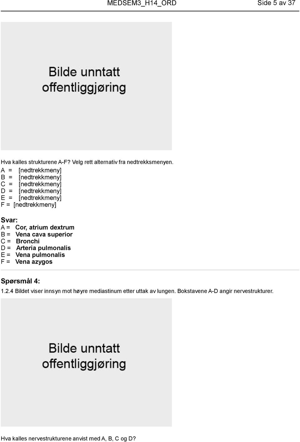 pulmonalis E = Vena pulmonalis F = Vena azygos Spørsmål 4: 1.2.