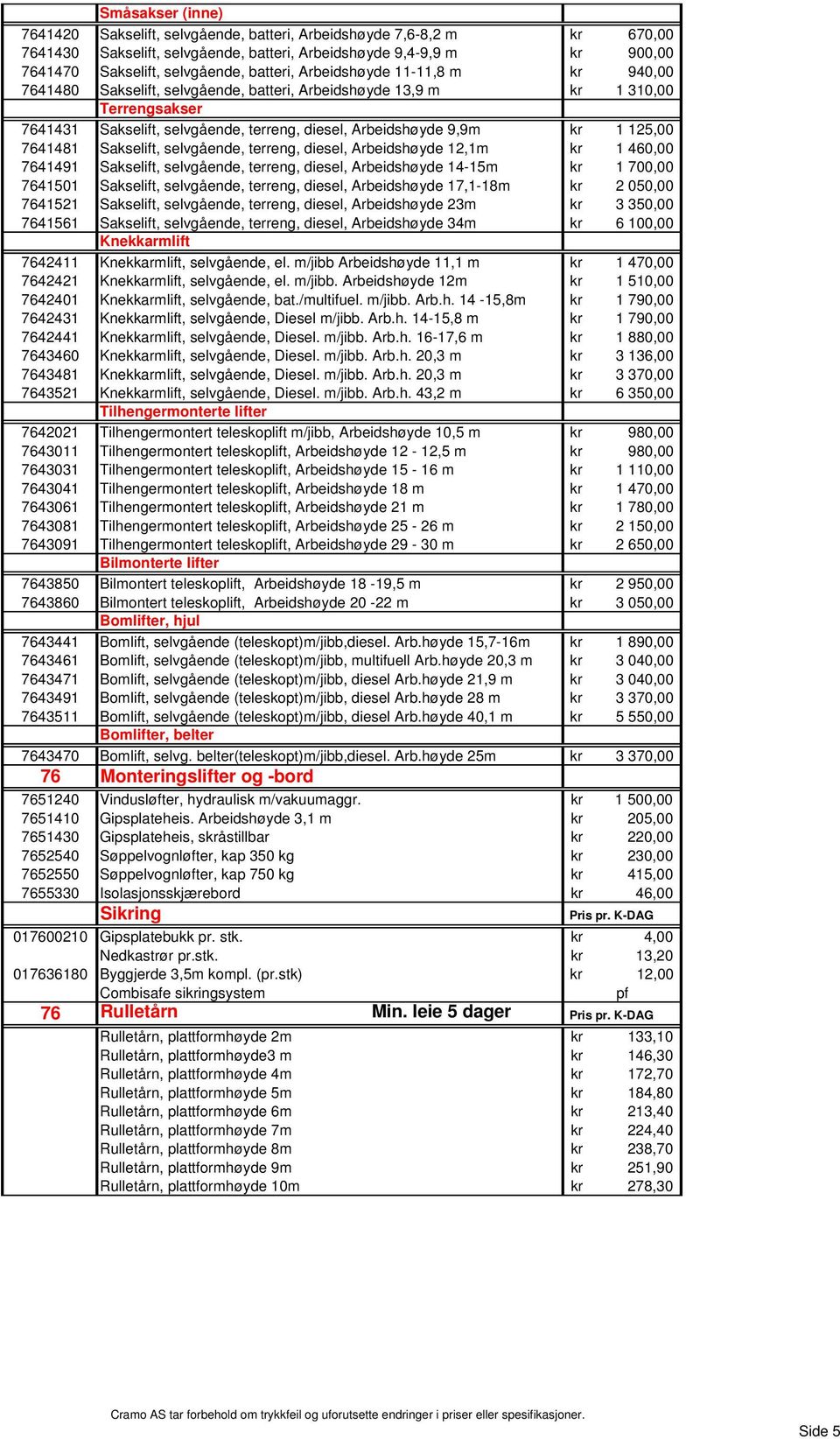 125,00 7641481 Sakselift, selvgående, terreng, diesel, Arbeidshøyde 12,1m kr 1 460,00 7641491 Sakselift, selvgående, terreng, diesel, Arbeidshøyde 14-15m kr 1 700,00 7641501 Sakselift, selvgående,