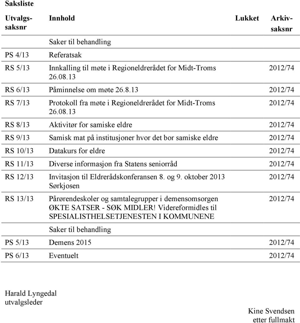 13 2012/74 RS 8/13 Aktivitør for samiske eldre 2012/74 RS 9/13 Samisk mat på institusjoner hvor det bor samiske eldre 2012/74 RS 10/13 Datakurs for eldre 2012/74 RS 11/13 Diverse informasjon fra