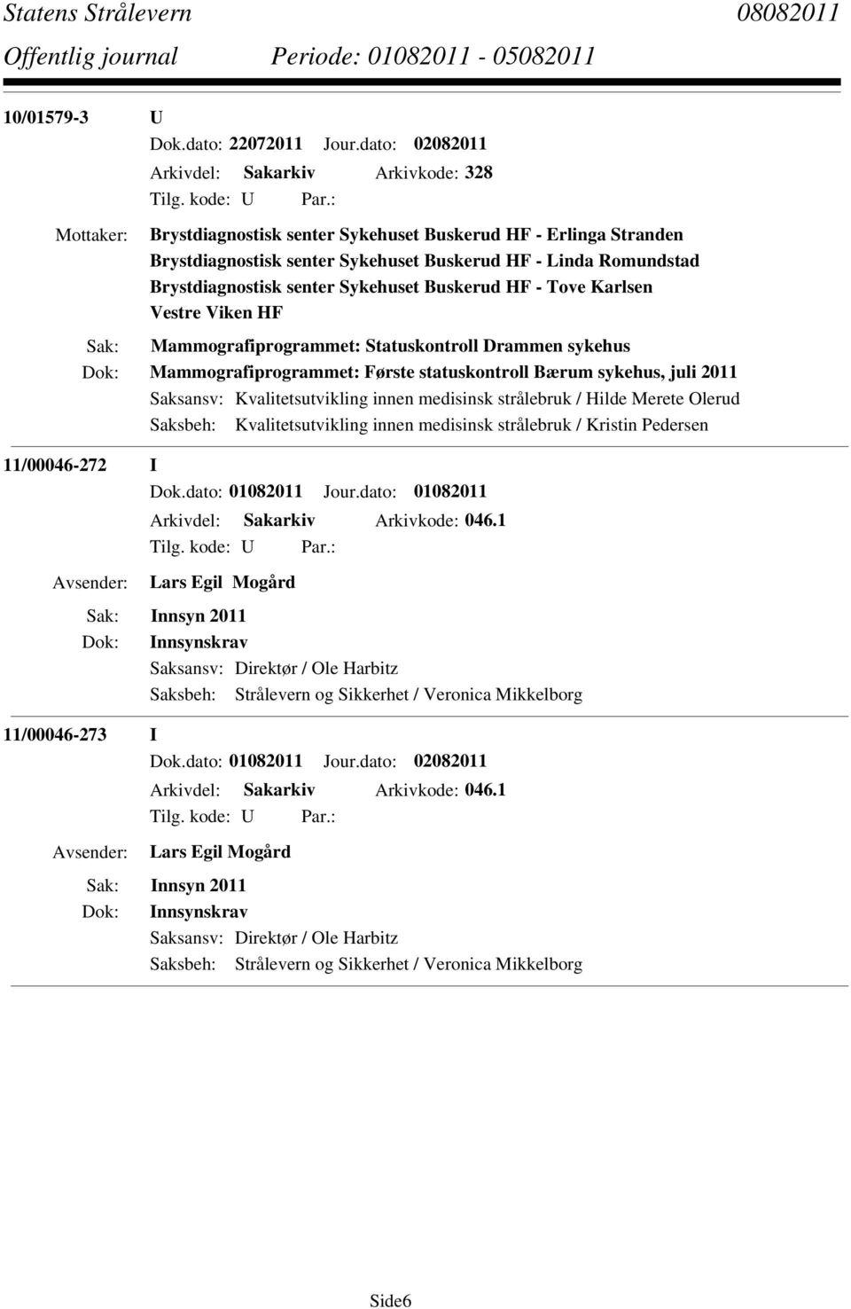 senter Sykehuset Buskerud HF - Tove Karlsen Vestre Viken HF Mammografiprogrammet: Statuskontroll Drammen sykehus Mammografiprogrammet: Første statuskontroll Bærum sykehus, juli 2011 Saksansv: