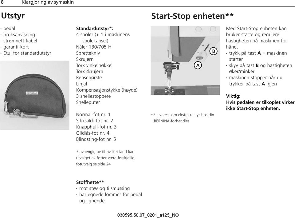 4 Blindsting-fot nr. 5 B A ** leveres som ekstra-utstyr hos din BERNINA-forhandler Med Start-Stop enheten kan bruker starte og regulere hastigheten på maskinen for hånd.