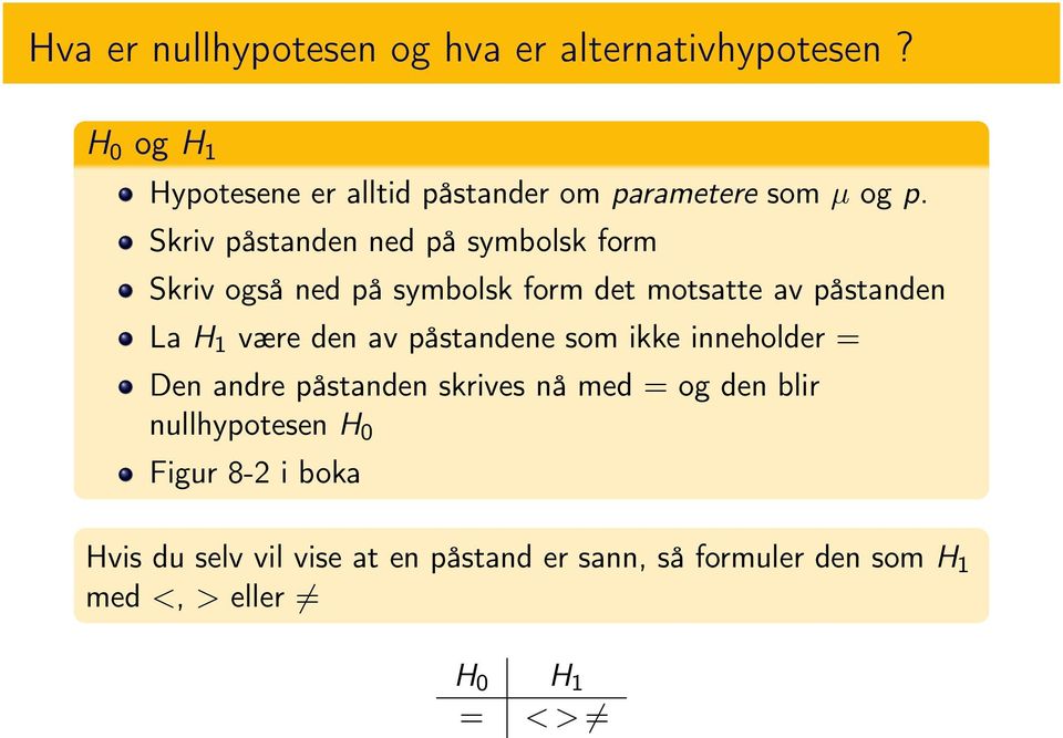 Skriv påstanden ned på symbolsk form Skriv også ned på symbolsk form det motsatte av påstanden La H 1 være den