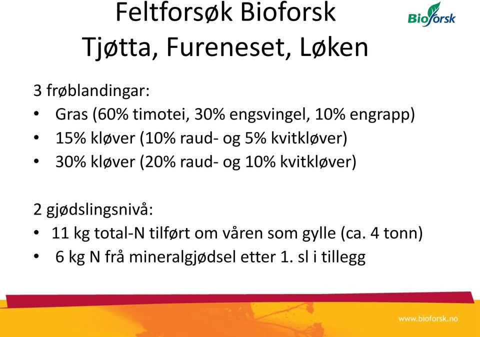 3% kløver (2% raud- og 1% kvitkløver) 2 gjødslingsnivå: 11 kg total-n