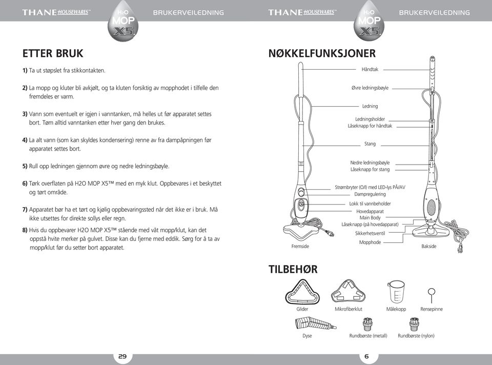 4) La alt vann (som kan skyldes kondensering) renne av fra dampåpningen før apparatet settes bort. 5) Rull opp ledningen gjennom øvre og nedre ledningsbøyle.