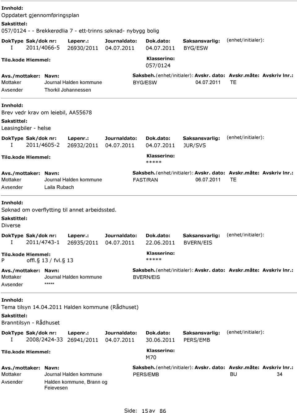 nnhold: Søknad om overflytting til annet arbeidssted. Diverse 2011/4743-1 26935/2011 22.06.2011 BVERN/ES P BVERN/ES nnhold: Tema tilsyn 14.04.