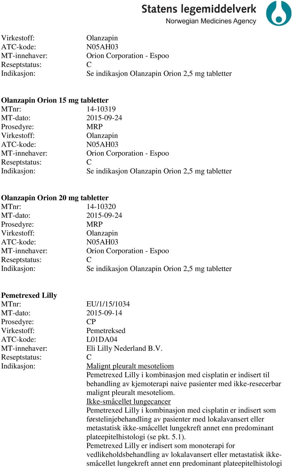 tabletter Pemetrexed Lilly EU/1/15/1034 MT-dato: 2015-09-14 P Pemetreksed L01DA04 Eli Lilly Nederland B.V.